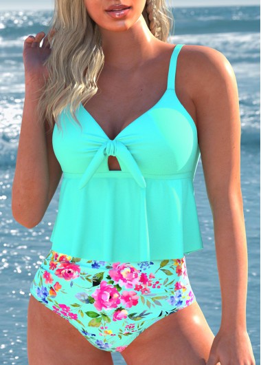 Modlily Bowknot Floral Print Mint Green Bikini Set - XS