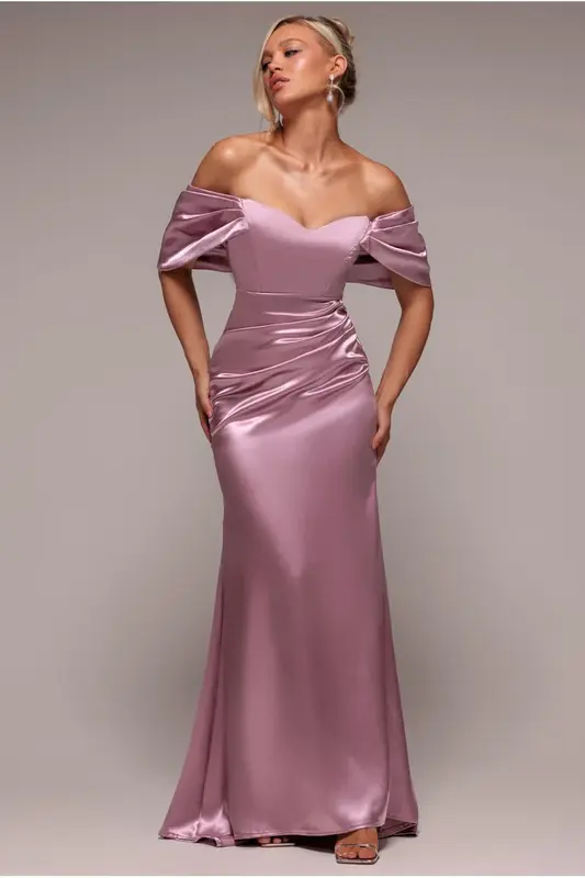 Goddiva Off Shoulder Satin Maxi With V Neck - Rosepink