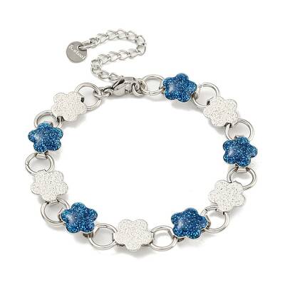 304 Stainless Steel Enamel Flower Link Chain Bracelets with Glitter Powder