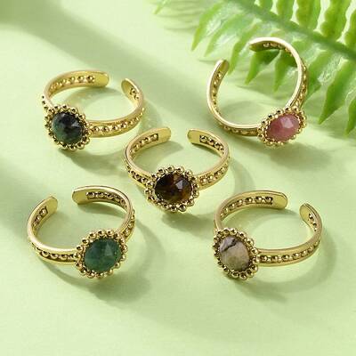 Ion Plating(IP) Natural Gemstone Flower Open Cuff Ring