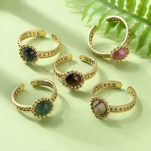 Ion Plating(IP) Natural Gemstone Flower Open Cuff Ring