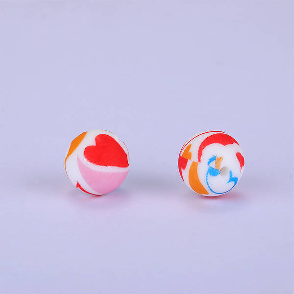 Printed Round with Heart Pattern Silicone Focal Beads
