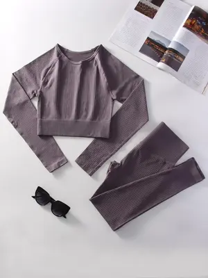 Two-Piece Set Women's Solid Crop Top & Wide Waist Band Leggings Set, Sporty Long Sleeve Top & Skinny Pants, Ladies Sportswear...