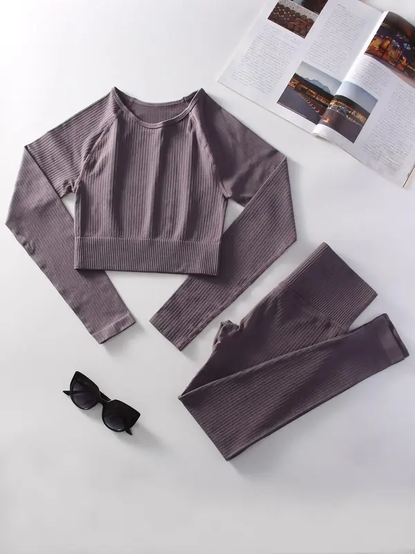 Two-Piece Set Women's Solid Crop Top & Wide Waist Band Leggings Set, Sporty Long Sleeve Top & Skinny Pants, Ladies Sportswear...