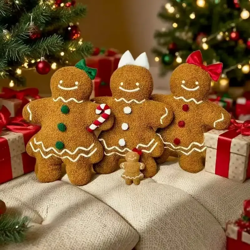 1pc Cute Christmas Plush Girl Gingerbread Pillow with red/green/white Bowknot Design, Warm Holiday Home Decor Cushion, Festiv...