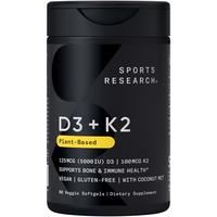 Sports Research Vitamin D3 + K2 - 5000iu of Plant-Based D3 & 100mcg of Vitamin K2 as MK-7 - Non-GMO Verified & Vegan Certifie...