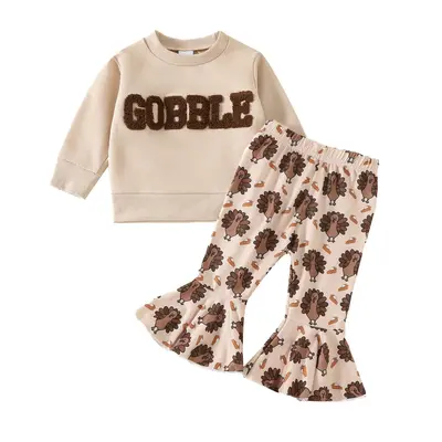 Toddler Baby Girl Thanksgiving Outfits Gobble Embroidered Crew Neck Long Sleeve Sweatshirts Turkey Print Flare Pants 2Pcs Clo...