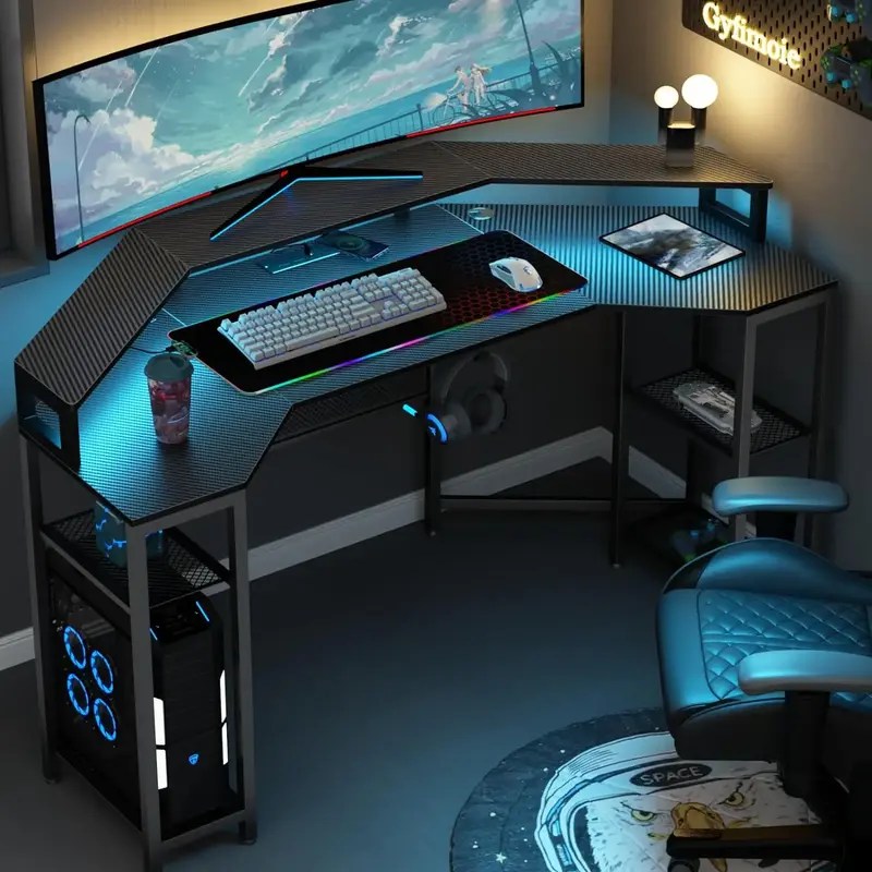 Large Wing-Shaped Gaming Desk with Full Monitor Stand, RGB Mouse Pad, Wireless Charging, Headphone Hook, and Storage Shelf fo...