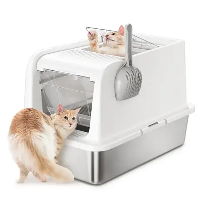 Courpal Stainless Steel Litter Box Large Cat Litter Box with Lid, Metal Litter Pan Tray with High Wall Sides Enclosure, Non-S...