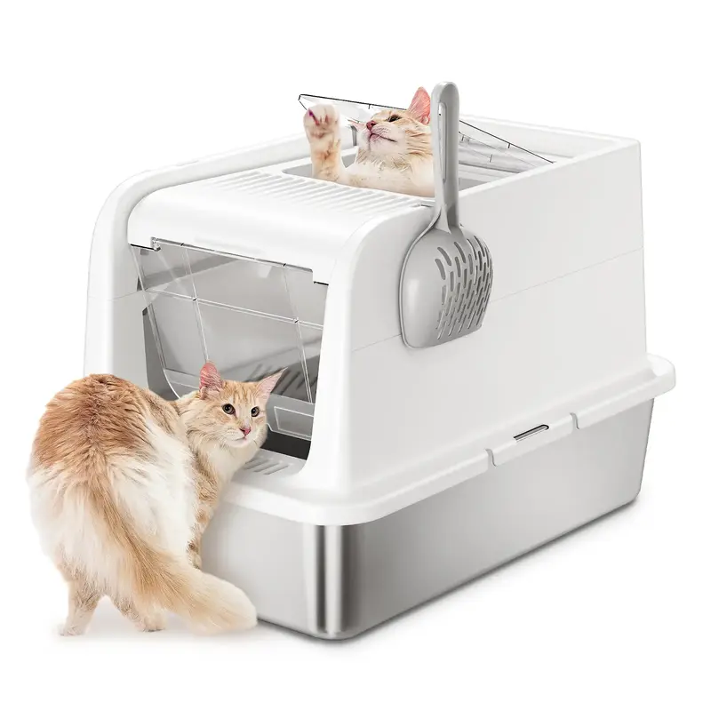 Courpal Stainless Steel Litter Box Large Cat Litter Box with Lid, Metal Litter Pan Tray with High Wall Sides Enclosure, Non-S...
