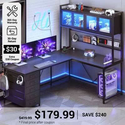 SEDETA 62 Inch L Shaped LED Gaming Desk with Hutch Pegboard, Corner Computer Table with Drawers, Power Outlet Black Home Offi...