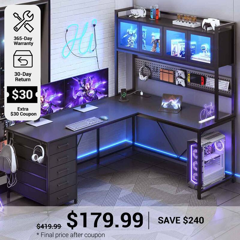 SEDETA 62 Inch L Shaped LED Gaming Desk with Hutch Pegboard, Corner Computer Table with Drawers, Power Outlet Black Home Offi...