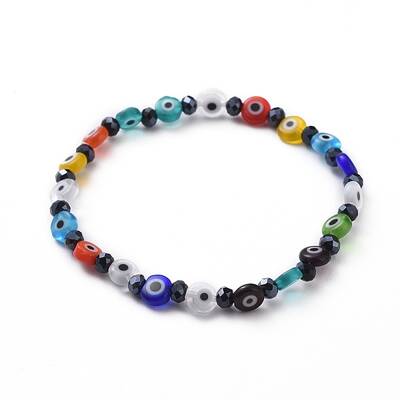 Handmade Evil Eye Lampwork Flat Round Beads Stretch Bracelets