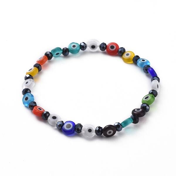 Handmade Evil Eye Lampwork Flat Round Beads Stretch Bracelets