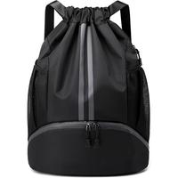 Black Drawstring Gym Bag for Men, Waterproof Drawstring Backpack for Women, Swim Bag with Shoes Compartment, Pull String Spor...