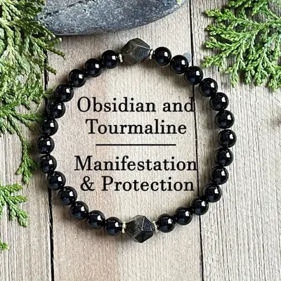 Obsidian Tourmaline Bracelet - Natural Healing Crystal Beads for Manifestation, Protection Positive Energy and Spiritual Bala...