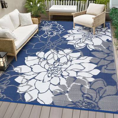 Garvee Large Outdoor Rug 9x18 Waterproof Reversible Floral Design Plastic Straw Foldable UV Resistant with Stakes Portable Ba...