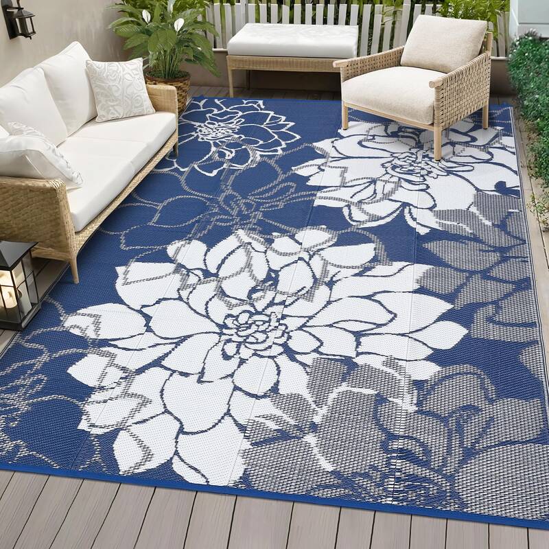 Garvee Large Outdoor Rug 9x18 Waterproof Reversible Floral Design Plastic Straw Foldable UV Resistant with Stakes Portable Ba...