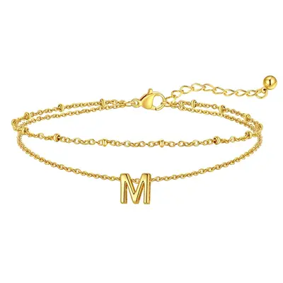 14K Gold Personalized Initial Letter Multi-layered Charm Anklet