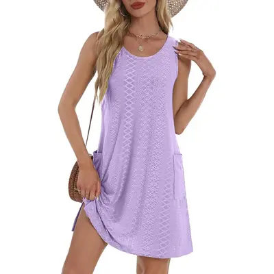 Coverup Summer Dresses for Women 2025 Eyelet Casual Loose Sleeveless Sundresses Tank Dresses with Pockets