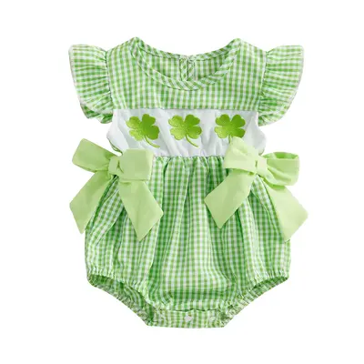 St Patricks Day Baby Girl Outfit Infant Smocked Bubble Romper Newborn Plaid Bodysuit Cute Toddler Girl Summer Clothes