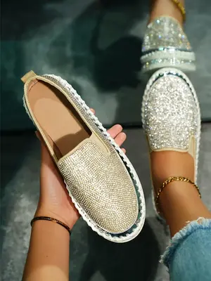 Women's Fashionable Rhinestone Decorated Slip on Flats, Women Shoes, Lightweight Breathable Comfortable Flat Shoes, Casual V...
