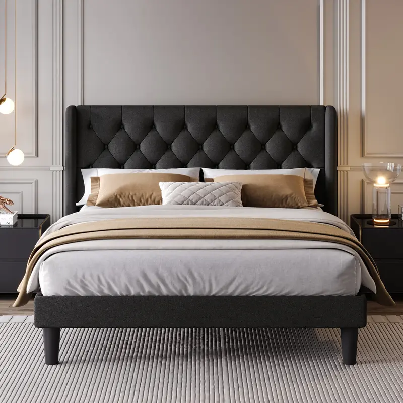 SHA CERLIN Platform Bed Frame with Upholstered Headboard, Wingback & Button Tufted Design,【Frame Only No Mattress】Full Qu...