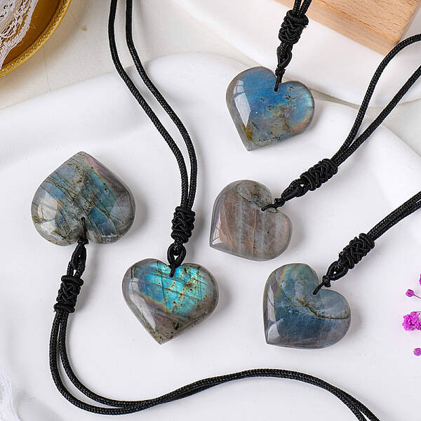 Heart Natural Labradorite Pendant Adjustable Braided Cord Necklaces
