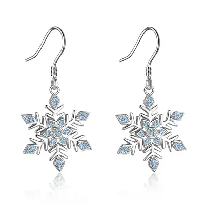 Sterling Silver Circular Shaped Cubic Zirconia Snowflake Drop Earrings