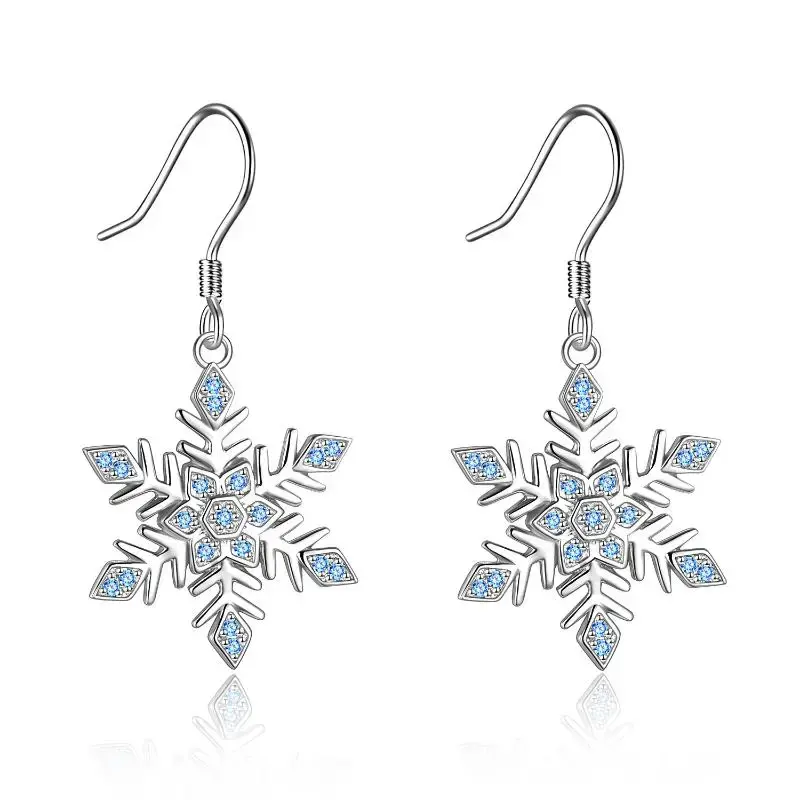 Sterling Silver Circular Shaped Cubic Zirconia Snowflake Drop Earrings
