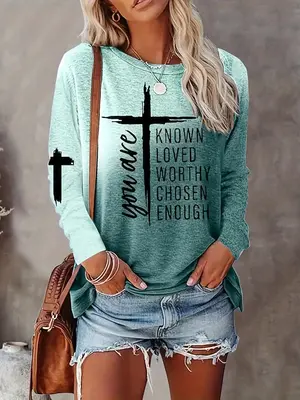 Women's Cross & Letter Print Round Neck Tee without Necklace, Vintage Graphic Tees, Casual Comfy Long Sleeve T-shirt for Dail...