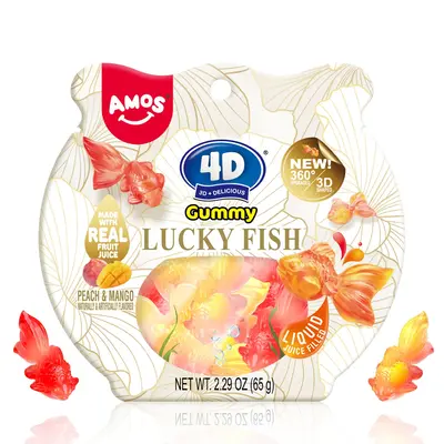Amos 4D Lucky Fish Gummy β Real Juice Filled, 3D Shaped Goldfish Candy for Fun & Drinks(Peach & Mango Flavor, 65g) Perfect ...