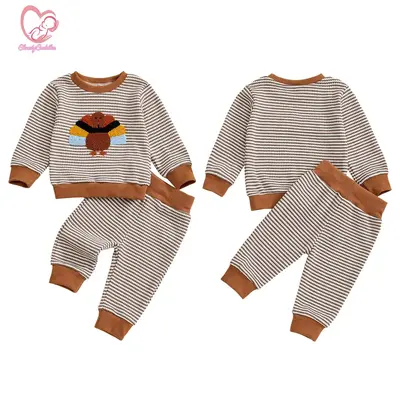 Boys Thanksgiving 2Pcs Pants Sets Long Sleeve O Neck Turkey Embroidery Striped Tops Pants Sets