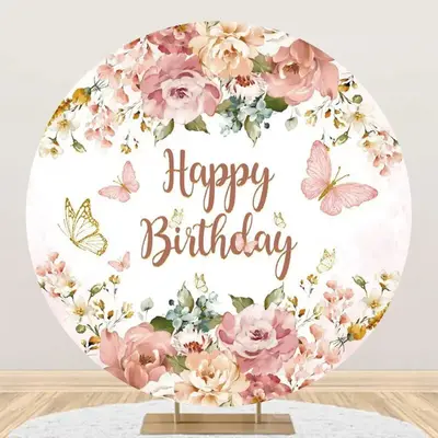 Pink Floral Leaf Butterfly Round Birthday Backdrop - Aperturee