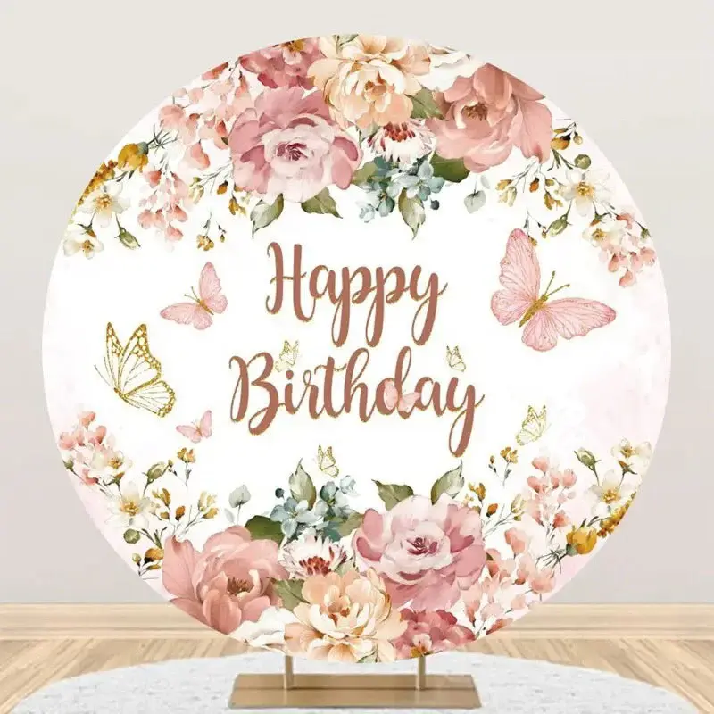 Pink Floral Leaf Butterfly Round Birthday Backdrop - Aperturee