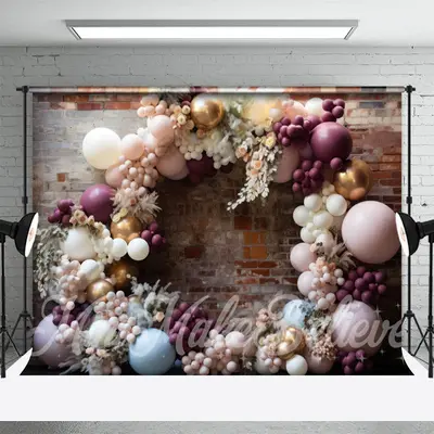 Chic Floral Balloons Arch Brick Retro Wall Backdrop - Aperturee