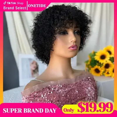 Glueless Wigs Short Curly Bob Wig with Bangs Wear To Go Short Curly Human Hair Wig for Women 180 Density Brazilian Virgin Hum...