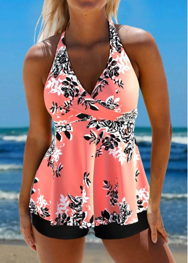 Modlily Criss Cross Floral Print Coral Tankini Set - XL