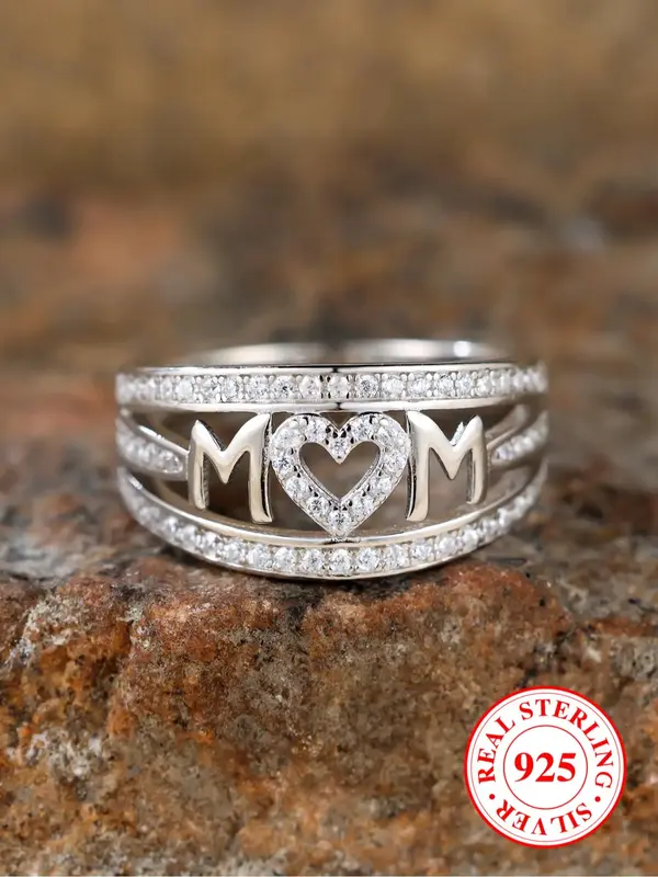 S925 Sterling Silver Fashion Mom Letter Design Ring with Box, Rhinestone Decorated Tiered Layered Ring for Women, Trendy All-...