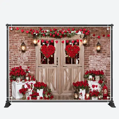 Wooden Door Red Heart Floral Valentines Day Backdrop - Aperturee