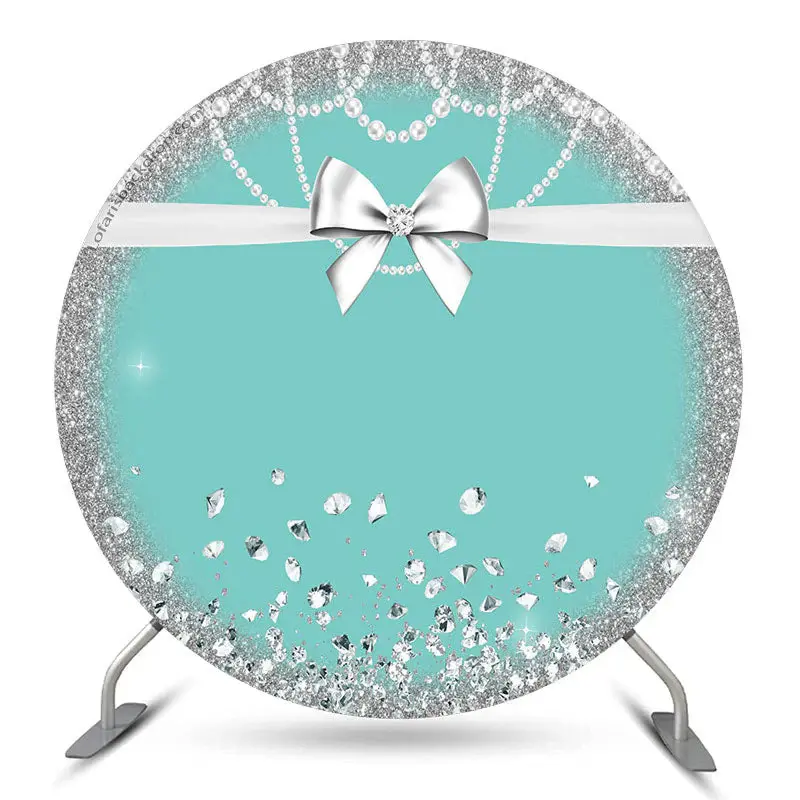 Aperturee Diamond Bowknot Pearl Green Blue Birthday Backdrop | Custom Round Backdrop | Round Backdrop Fabric Cover | Birthday...
