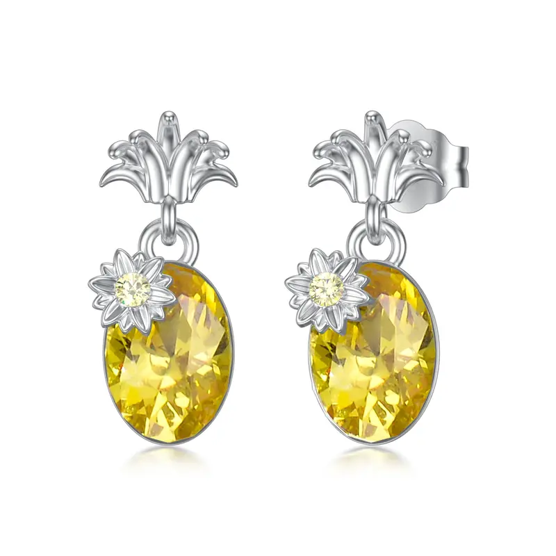 14K Solid White Gold Pineapple Earring Studs with Created Citrine