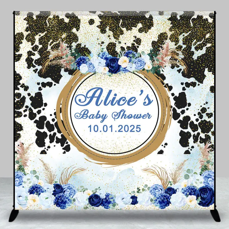 Blue Floral Black Spot Custom Baby Shower Backdrop
