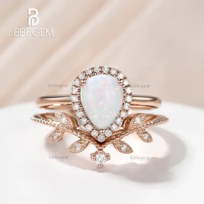 Vintgae 14K/18K Gold Pear Opal Rose Gold Wedding Set Halo leaf Band