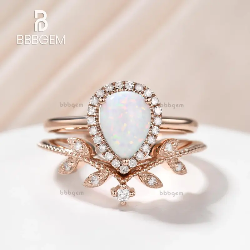 Vintgae 14K/18K Gold Pear Opal Rose Gold Wedding Set Halo leaf Band