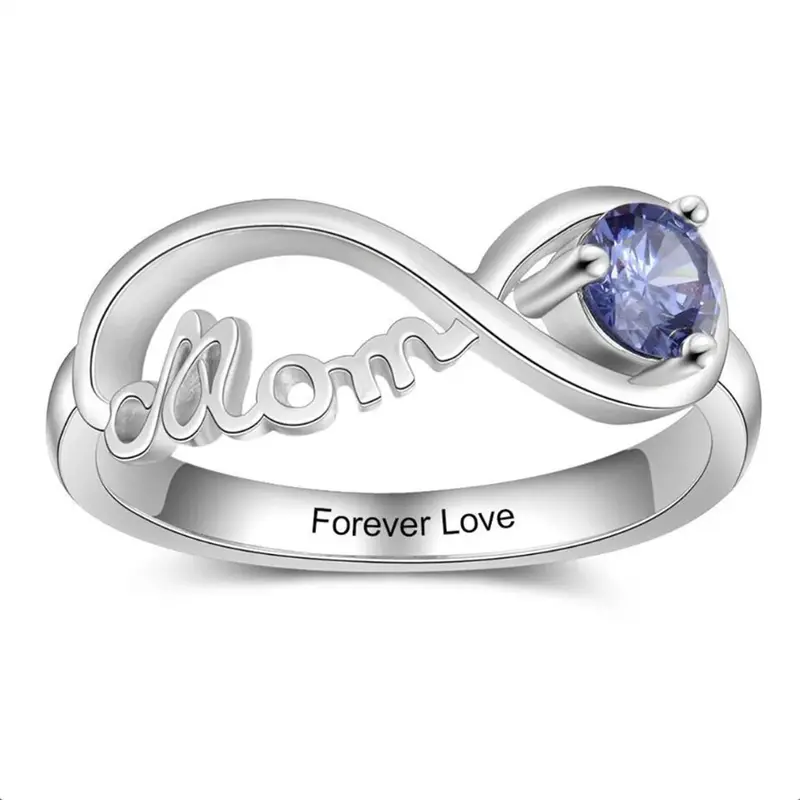 10K White Gold Personalized Birthstone With Engraving With Infinity Symbol Ring For Women