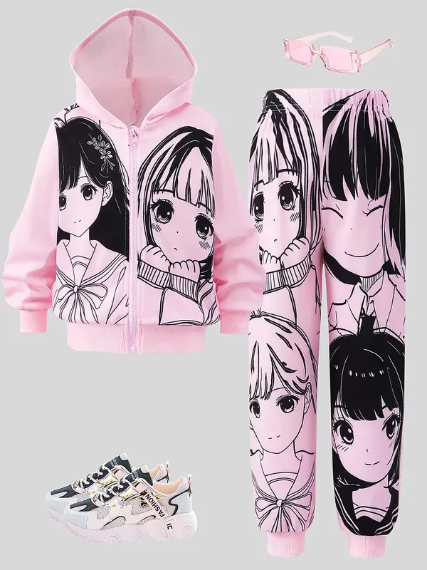 Two-Piece Set Girl's Cartoon Print Zip Up Hoodie & Pants Set, Cute Long Sleeve Hooded Sweatshirt & Trousers for Daily Wear, K...