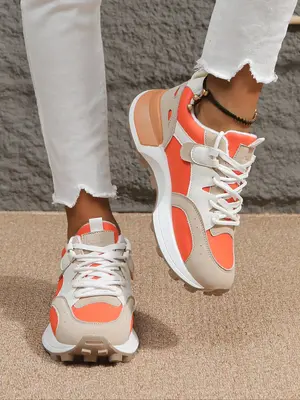 Women's Fashion Colorblock Lace Up Low Top Platform Sneakers, Trendy Soft Breathable Non-slip Chunky Trainers for Girls