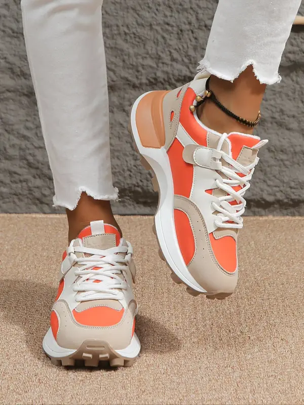 Women's Fashion Colorblock Lace Up Low Top Platform Sneakers, Trendy Soft Breathable Non-slip Chunky Trainers for Girls