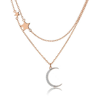 925 Sterling Silver Double Layer Cable Chain Moon Star Pendant Necklaces for Women
